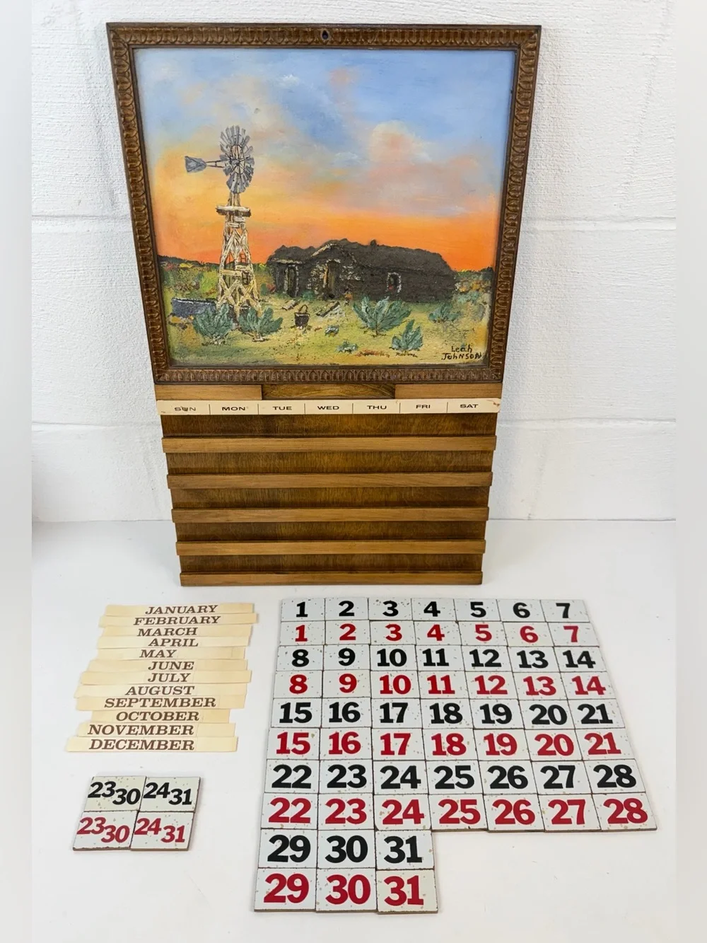 Vintage Wooden Perpetual Wall Calendar Complete Set Signed Windmill Oil Painting